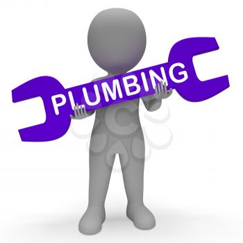 Plumbing Character with Spanner Shows Pipe Fitting 3d Rendering