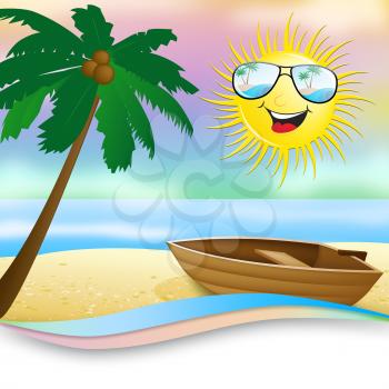 Tropical Beach With Boat Shows Smiling Sun 3d Illustration