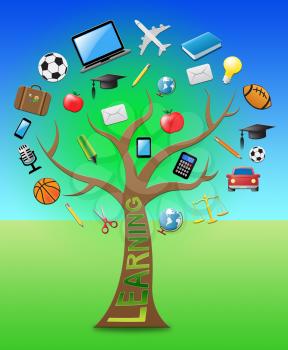 Learning Tree With Icons Shows Student Education 3d Illustration