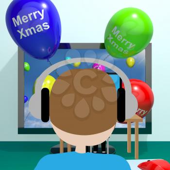 Colorful Balloons With Merry Xmas From Computer Screen 3d Illustration