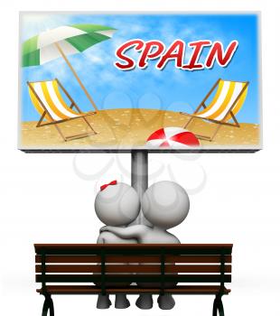 Spain Vacations Sign Showing Seaside Beach And Sun 3d Rendering