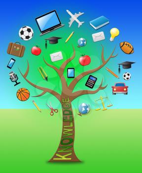 Knowledge Tree With Icons Showing Education Wisdom 3d Illustration