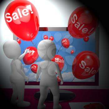 Sale Balloons Coming From Computer Shows Internet Promotion 3d Rendering
