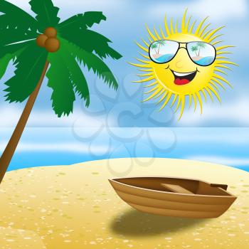Beautiful Beach With Smiling Sun And Boat 3d Illustration