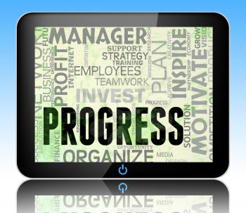 Progress Words Tablet Showing Betterment Headway And Advancement 3d Illustration