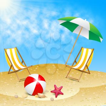 Beautiful Beach Deck Chairs Showing Summer Sea 3d Illustration