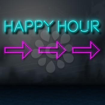 Happy Hour Neon Sign Shows Discount Beer Time