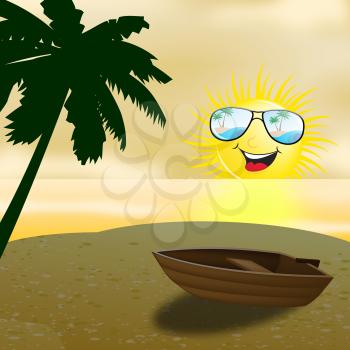 Beautiful Beach With Boat Shows Smiling Sun At Sunset 3d Illustration