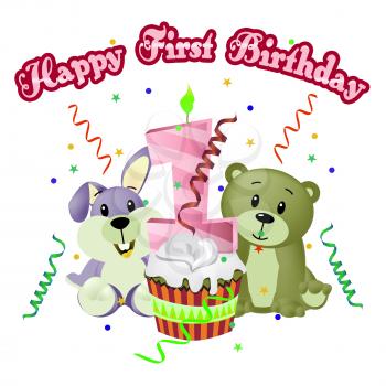 Happy First Birthday Cuddly Toys Showing Happiness Celebrate 3d Illustration