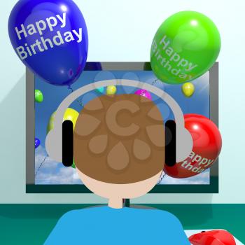 Multicolored Balloons Greeting From Computer Celebrating Happy Birthday 3d Illustration