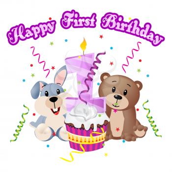 Happy First Birthday Cuddly Toys Shows Happiness Celebrate 3d Illustration