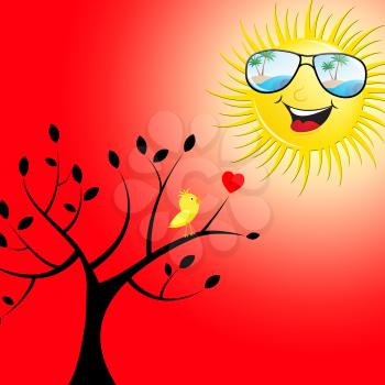 smiling Sun Tree And Bird Shows Summer Time Outdoors