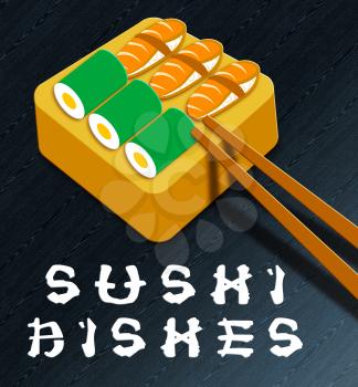 Sushi Dishes Assortment Means Raw Fish 3d Illustration