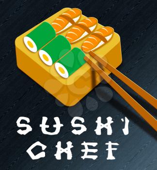 Sushi Chef Assortment Showing Japan Cuisine 3d Illustration