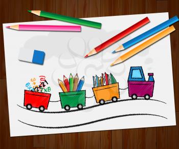 Stationery Supplies Train Showing School Materials 3d Illustration