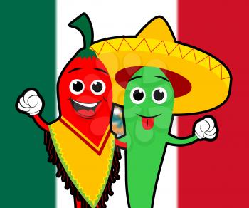 Mexican Chillis In Sombrero Shows Mexico 3d Illustration