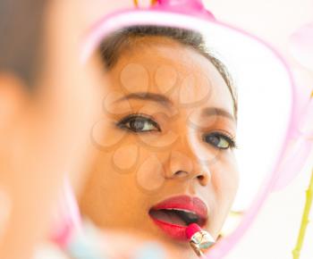 Mirror Lipstick Application Showing Beauty And Pretty