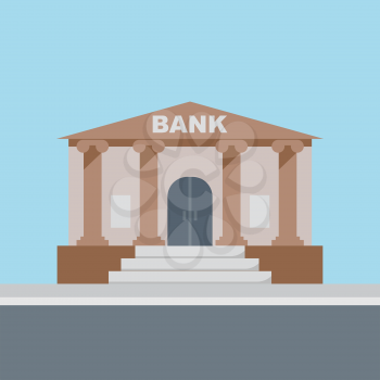 Bank building, finance institution with road on flat style background concept. Vector illustration design