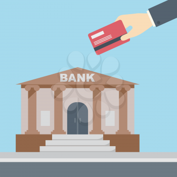 Hand holding credit card in front of bank building, finance institution with road on flat style background concept. Vector illustration design