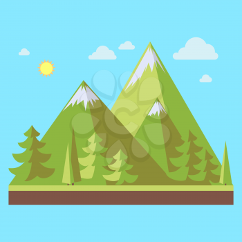 Mountains landscape with pine trees in flat style, eco scene, vector illustration