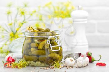 Pickled cucumbers, small marinated pickles, gherkins