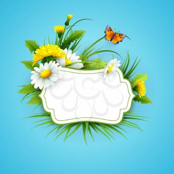 Fresh spring background with grass, dandelions and daisies. Vector