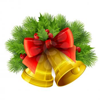 Christmas decoration  with evergreen trees, holly  and bells. Vector illustration EPS 10