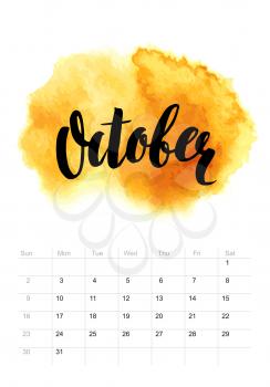 Calendar with watercolor paint 2016 design. Vector illustration EPS 10