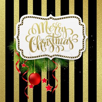 Merry christmas label with gold lettering. Vector Illustration EPS 10