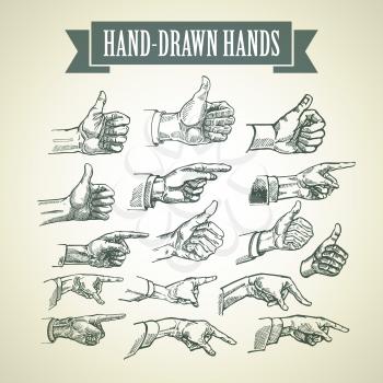 Set of vintage hand-painted hands. Vector illustration EPS10