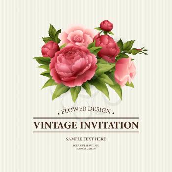 Vintage  Greeting Card with Blooming peony and rose Flowers.  Vector Illustration EPS10