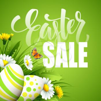 Easter sale background with eggs and spring flower. Vector illustration EPS