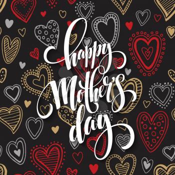 Mothers Day vector greeting card. Hand drawn calligraphy lettering title with heart seamless pattern. Black background. EPS10