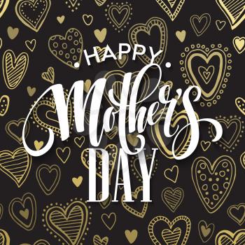 Mothers Day vector greeting card. Hand drawn calligraphy lettering title with heart seamless pattern. Black background. EPS10