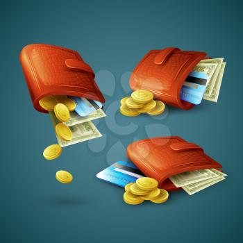 Purse with money, credit cards and coins. Vector illustration EPS 10
