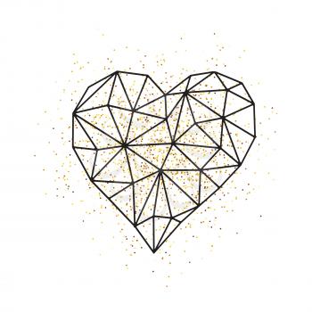 Happy valentines day love greeting card with white low poly style heart shape in golden glitter background. Vector illustration EPS10