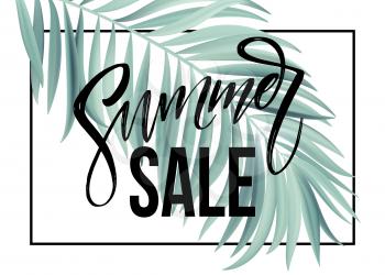 Sale banner, poster with palm leaves, jungle leaf and handwriting lettering. Floral tropical summer background. Vector illustration EPS10