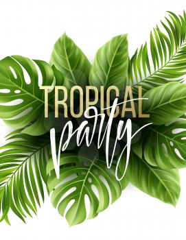 Summer tropical leaf background with exotic palm leaves. Party flyer template. Handwriting lettering. Vector illustration EPS10