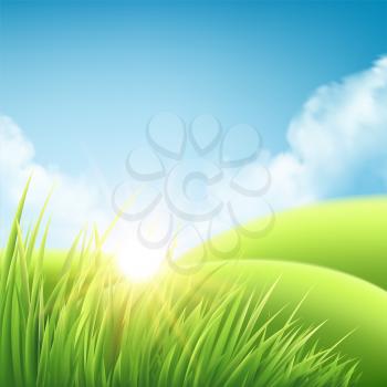 Summer nature sunrise background, a landscape with green hills and meadows, blue sky and clouds. Vector millustration EPS10