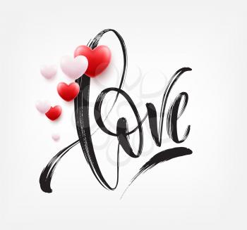 Love word hand drawn lettering with red heart. Vector illustration EPS10