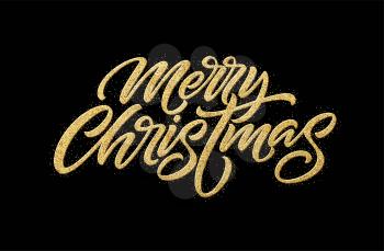 Merry Christmas gold glitter lettering design. Christmas greeting card, poster, banner. Golden glittering snow, snowflakes, white dots on black background. Vector illustration EPS10