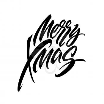 Merry Christmas hand drawn calligraphy. Xmas ink lettering. Black calligraphy on white background. Merry Christmas lettering. Banner, poster,postcard design. Isolated vector illustration