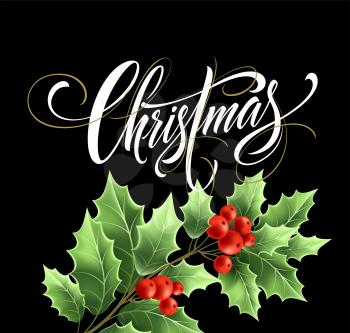 Christmas lettering with realistic mistletoe branch. Xmas calligraphy on black background. Christmas lettering with mistletoe twig and red berries. Banner, poster design. Isolated vector illustration