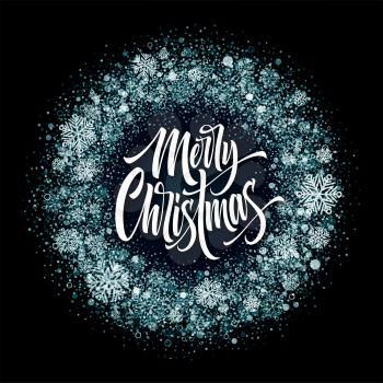 Merry Christmas lettering in ice frame. Xmas confetti, icy dust and snowflakes round frame. Merry Christmas greeting isolated on black background. Postcard design. Vector illustration