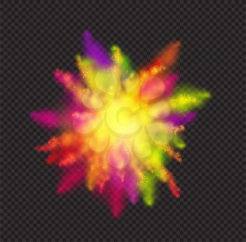 Realistic color dust for Holi festival on dark transparent background. Vector spray paint texture. Paint splatter background. Vector illustration EPS10