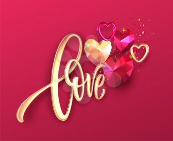 Valentines Day festive background with realistic metallic gold and red ruby low poly heart. Golden Lettering Love on red background. Vector illustration EPS10