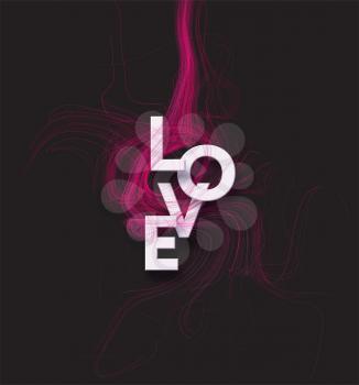 Cut paper letters of the word Love on red background fractal smoke. Flow fluids background. Valentines Day concept. Vector illustration EPS10