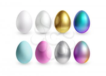 Set of different 3D realistic, shiny, golden, holographic Easter eggs isolated on white background. Vector illustration EPS10