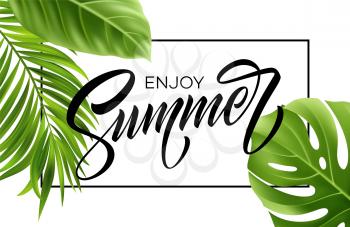Summer poster with tropical palm leaf and handwriting lettering. Vector illustration EPS10