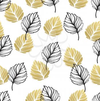 Gold autumn floral background. Glitter textured seamless pattern with fall golden and black leaf. Vector illustration EPS10